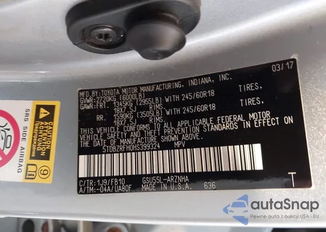 2017 Toyota Highlander Le from USA, damaged, VIN 5TDBZRFH0HS399324